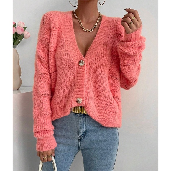 Classic Coral Button Down Loose Fit Cardigan - Picture 1 of 9